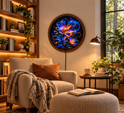 Glowing Floral LED Wall Art, Blue Orange Fantasy Flower Light, Round Illuminated Botanical Wall Decor, Bedroom Living Room Lamp