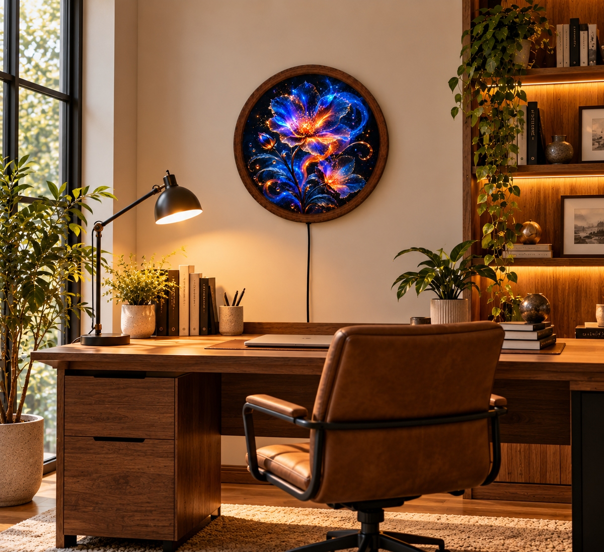Glowing Floral LED Wall Art, Blue Orange Fantasy Flower Light, Round Illuminated Botanical Wall Decor, Bedroom Living Room Lamp