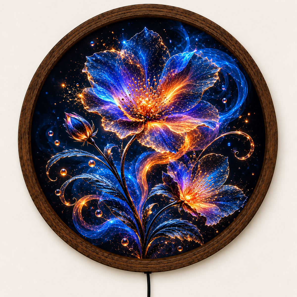 Glowing Floral LED Wall Art, Blue Orange Fantasy Flower Light, Round Illuminated Botanical Wall Decor, Bedroom Living Room Lamp