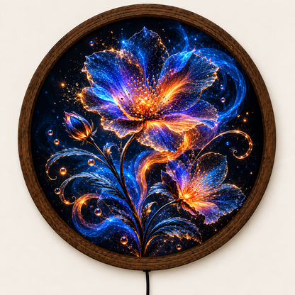 Glowing Floral LED Wall Art, Blue Orange Fantasy Flower Light, Round Illuminated Botanical Wall Decor, Bedroom Living Room Lamp