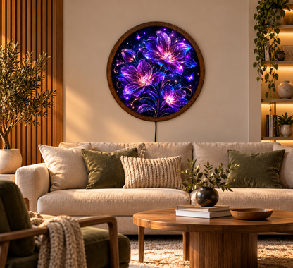 Purple Floral LED Wall Art, Glowing Fantasy Flower and Butterfly Light, Round Illuminated Botanical Decor, Bedroom Wall Lamp