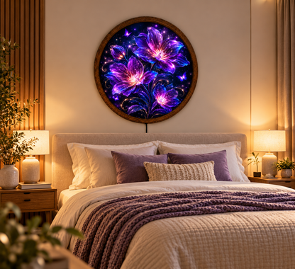 Purple Floral LED Wall Art, Glowing Fantasy Flower and Butterfly Light, Round Illuminated Botanical Decor, Bedroom Wall Lamp