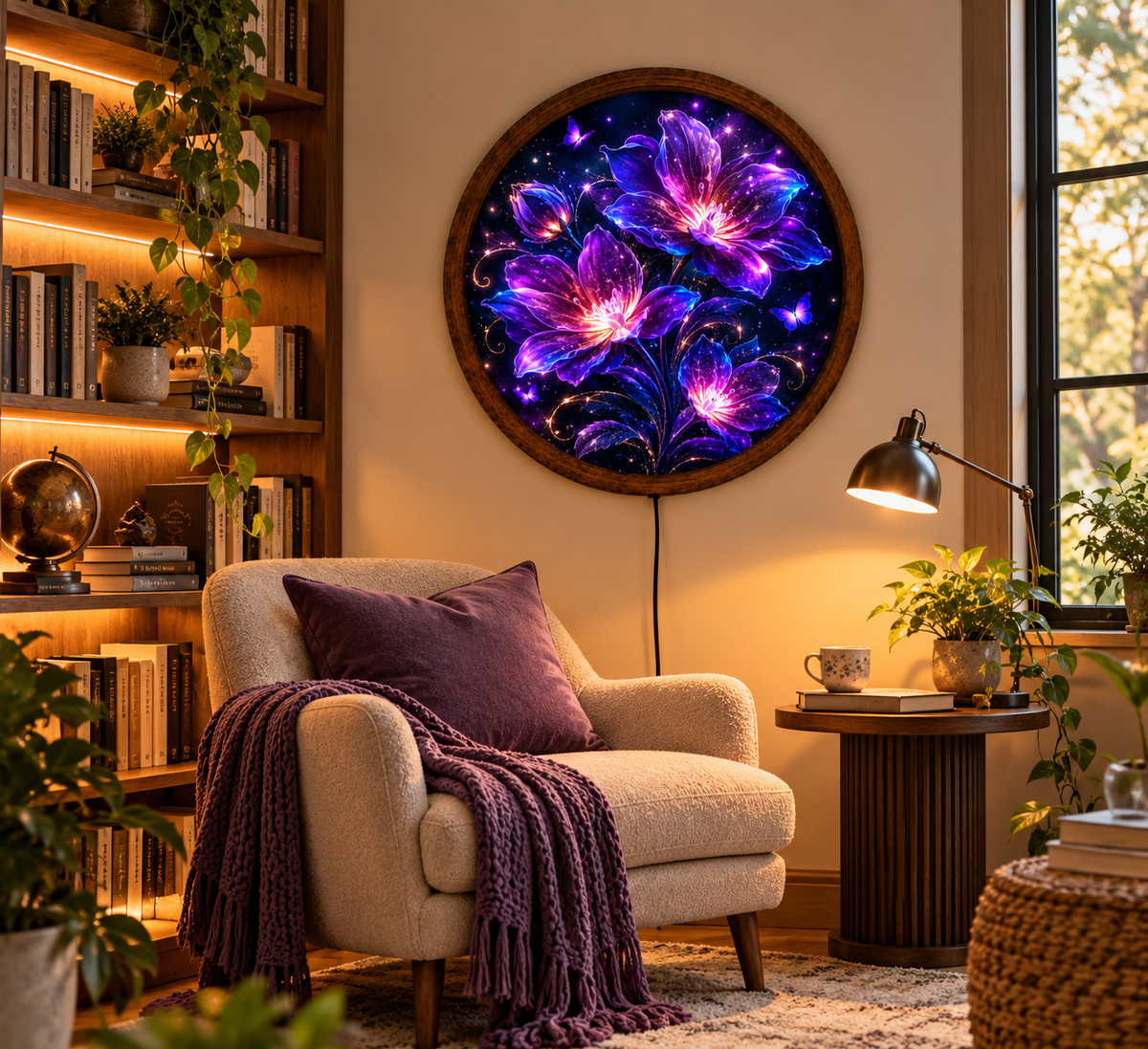 Purple Floral LED Wall Art, Glowing Fantasy Flower and Butterfly Light, Round Illuminated Botanical Decor, Bedroom Wall Lamp