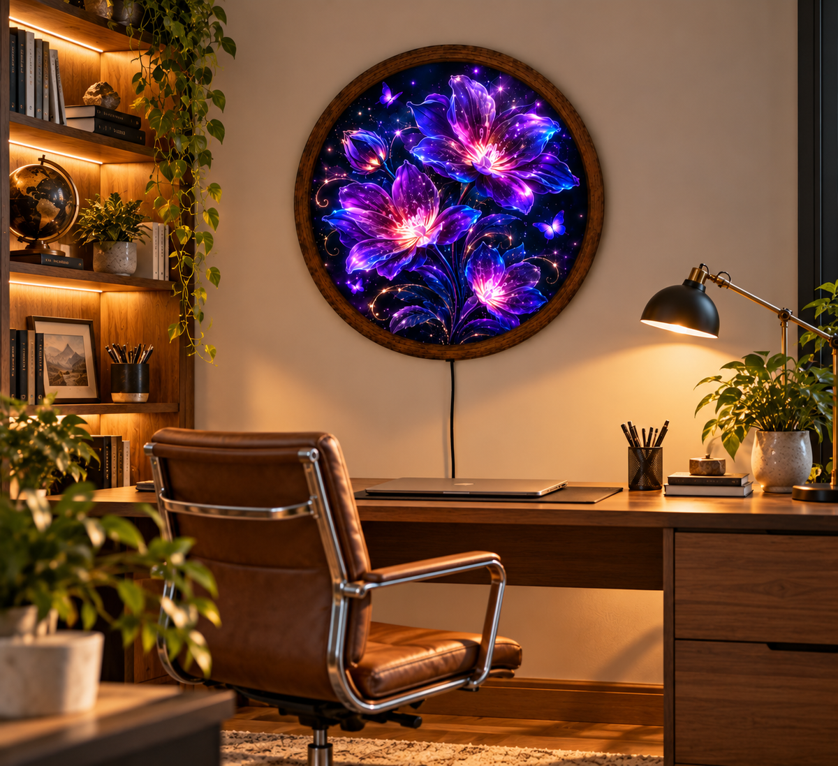 Purple Floral LED Wall Art, Glowing Fantasy Flower and Butterfly Light, Round Illuminated Botanical Decor, Bedroom Wall Lamp
