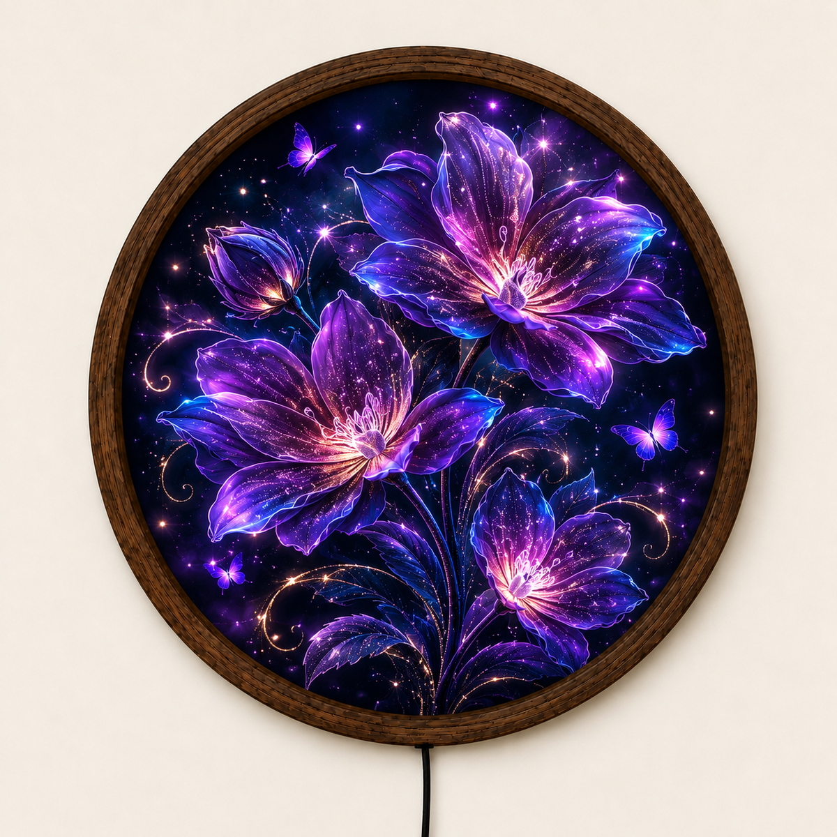 Purple Floral LED Wall Art, Glowing Fantasy Flower and Butterfly Light, Round Illuminated Botanical Decor, Bedroom Wall Lamp