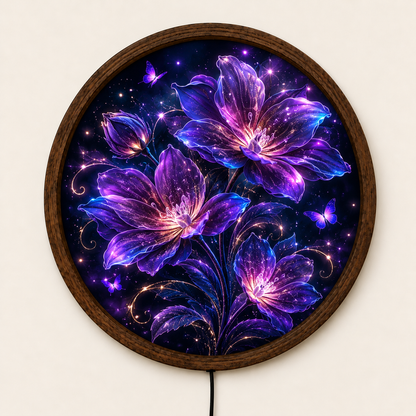 Purple Floral LED Wall Art, Glowing Fantasy Flower and Butterfly Light, Round Illuminated Botanical Decor, Bedroom Wall Lamp
