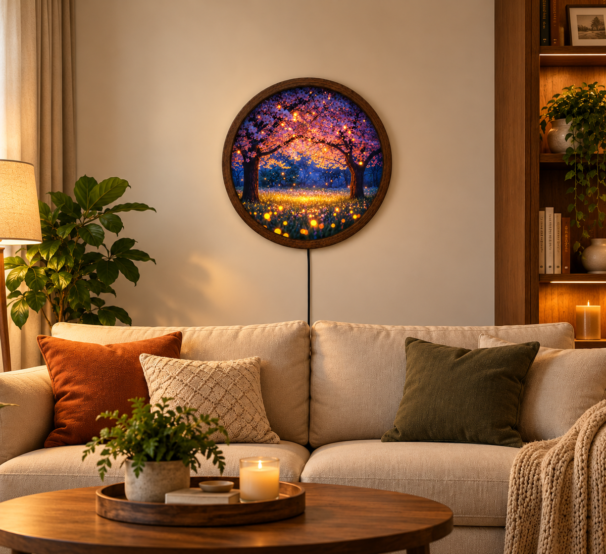 Enchanted Cherry Blossom LED Wall Art, Glowing Firefly Forest Light, Round Illuminated Floral Wall Decor, Fantasy Bedroom Lamp