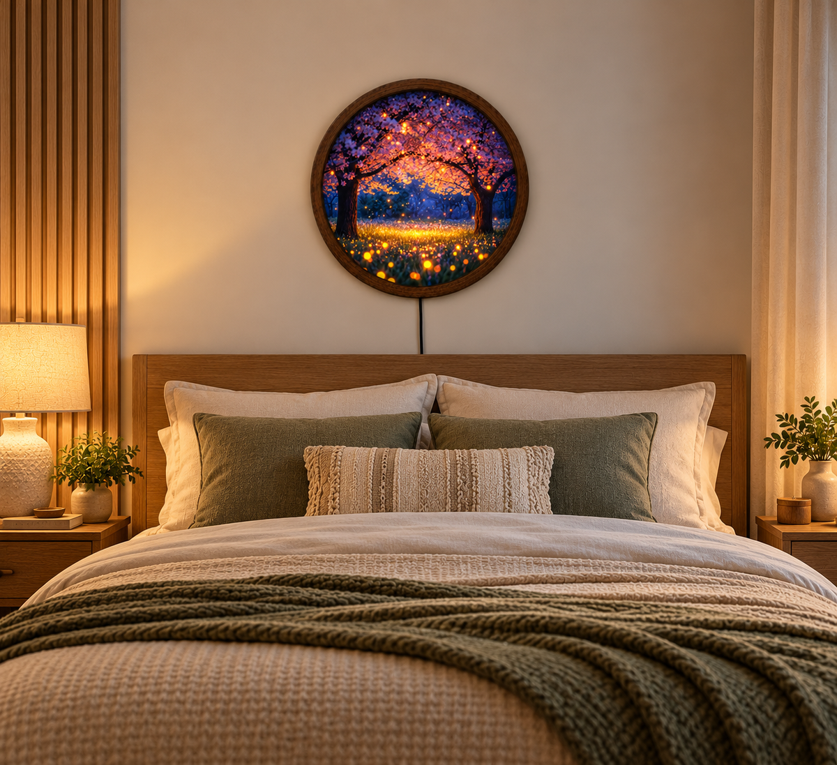 Enchanted Cherry Blossom LED Wall Art, Glowing Firefly Forest Light, Round Illuminated Floral Wall Decor, Fantasy Bedroom Lamp