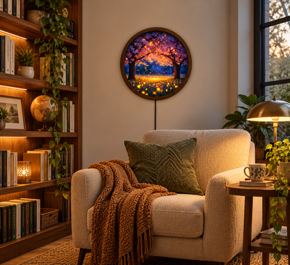 Enchanted Cherry Blossom LED Wall Art, Glowing Firefly Forest Light, Round Illuminated Floral Wall Decor, Fantasy Bedroom Lamp