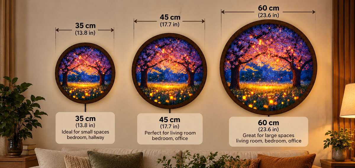 Enchanted Cherry Blossom LED Wall Art, Glowing Firefly Forest Light, Round Illuminated Floral Wall Decor, Fantasy Bedroom Lamp