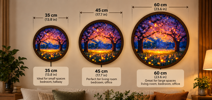 Enchanted Cherry Blossom LED Wall Art, Glowing Firefly Forest Light, Round Illuminated Floral Wall Decor, Fantasy Bedroom Lamp