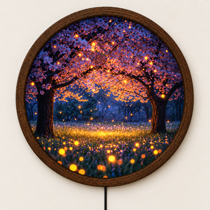 Enchanted Cherry Blossom LED Wall Art, Glowing Firefly Forest Light, Round Illuminated Floral Wall Decor, Fantasy Bedroom Lamp