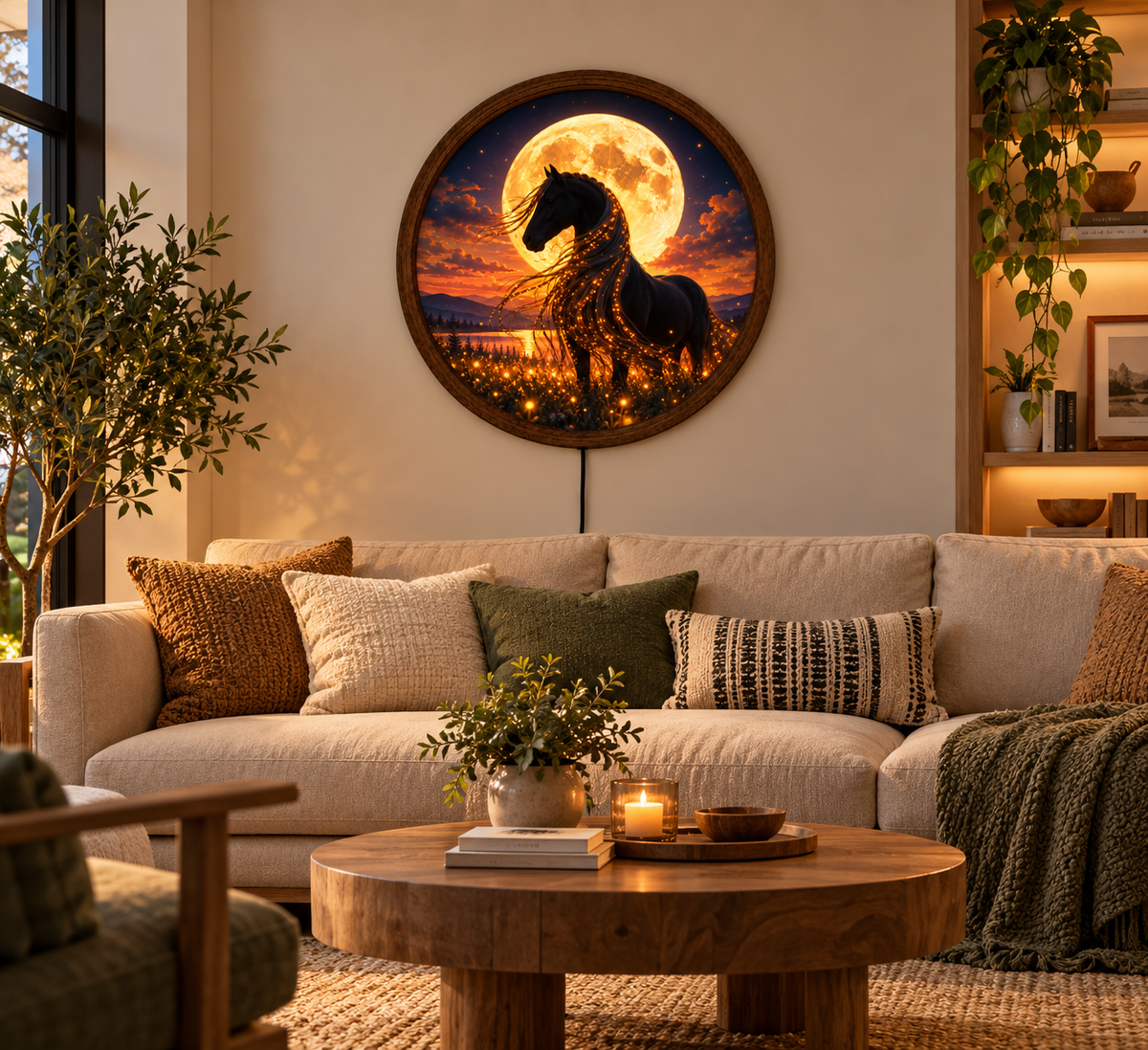 Black Horse Moonlight LED Wall Art, Glowing Full Moon Horse Decor, Round Illuminated Horse Wall Light, Fantasy Bedroom Living Room Decor