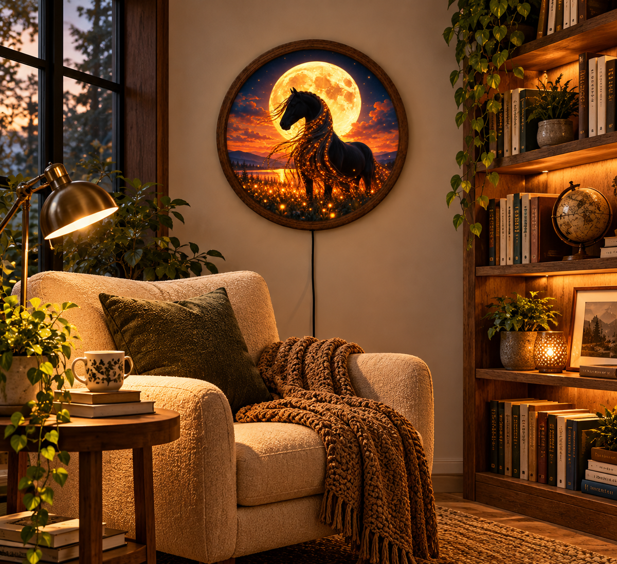Black Horse Moonlight LED Wall Art, Glowing Full Moon Horse Decor, Round Illuminated Horse Wall Light, Fantasy Bedroom Living Room Decor