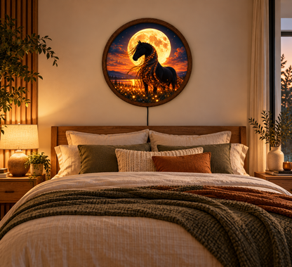 Black Horse Moonlight LED Wall Art, Glowing Full Moon Horse Decor, Round Illuminated Horse Wall Light, Fantasy Bedroom Living Room Decor