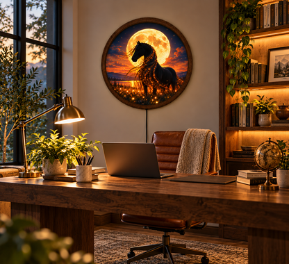 Black Horse Moonlight LED Wall Art, Glowing Full Moon Horse Decor, Round Illuminated Horse Wall Light, Fantasy Bedroom Living Room Decor