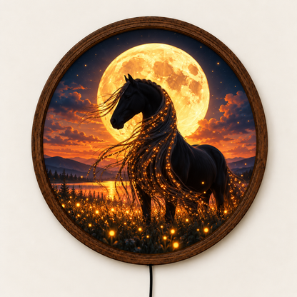 Black Horse Moonlight LED Wall Art, Glowing Full Moon Horse Decor, Round Illuminated Horse Wall Light, Fantasy Bedroom Living Room Decor