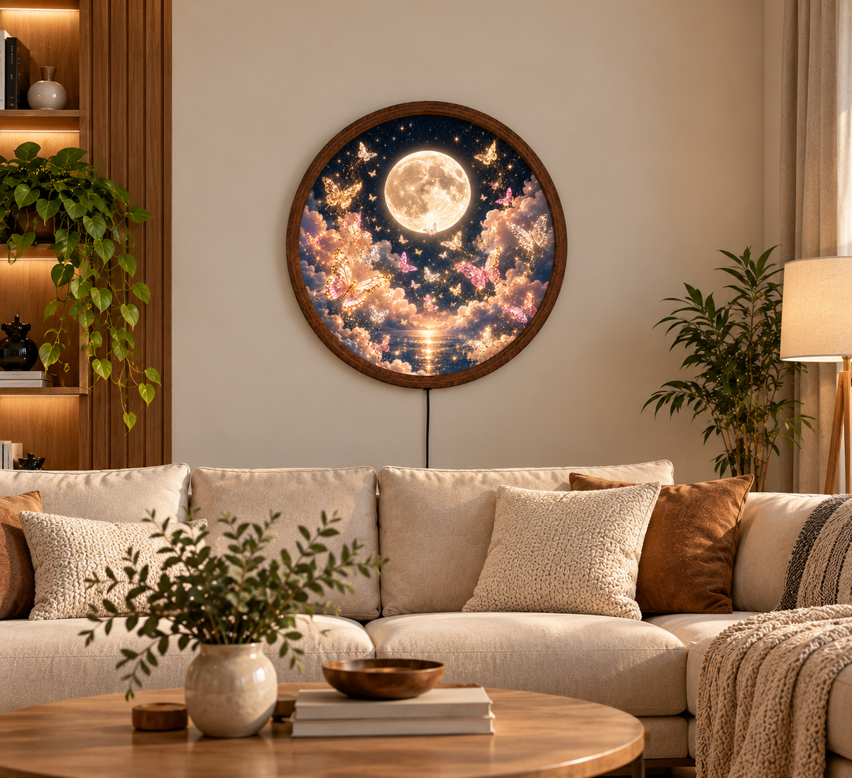 Moonlight Butterfly LED Wall Art, Glowing Full Moon Butterfly Light, Round Illuminated Fantasy Decor, Dreamy Bedroom Wall Lamp