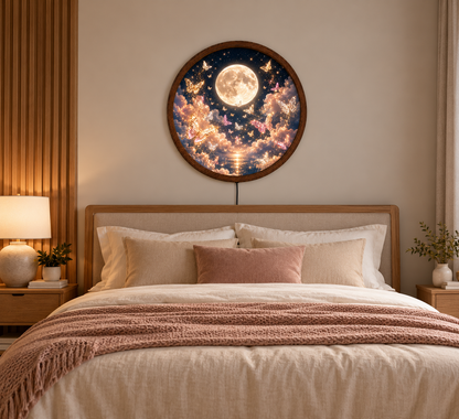 Moonlight Butterfly LED Wall Art, Glowing Full Moon Butterfly Light, Round Illuminated Fantasy Decor, Dreamy Bedroom Wall Lamp