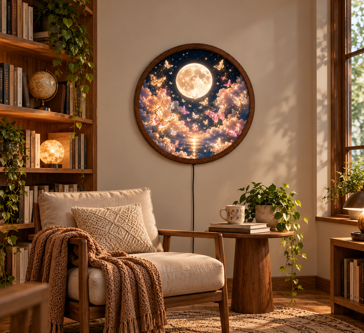Moonlight Butterfly LED Wall Art, Glowing Full Moon Butterfly Light, Round Illuminated Fantasy Decor, Dreamy Bedroom Wall Lamp