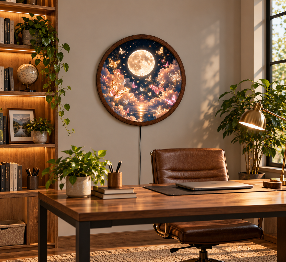 Moonlight Butterfly LED Wall Art, Glowing Full Moon Butterfly Light, Round Illuminated Fantasy Decor, Dreamy Bedroom Wall Lamp