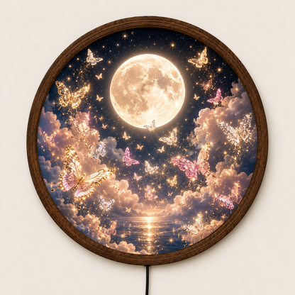 Moonlight Butterfly LED Wall Art, Glowing Full Moon Butterfly Light, Round Illuminated Fantasy Decor, Dreamy Bedroom Wall Lamp