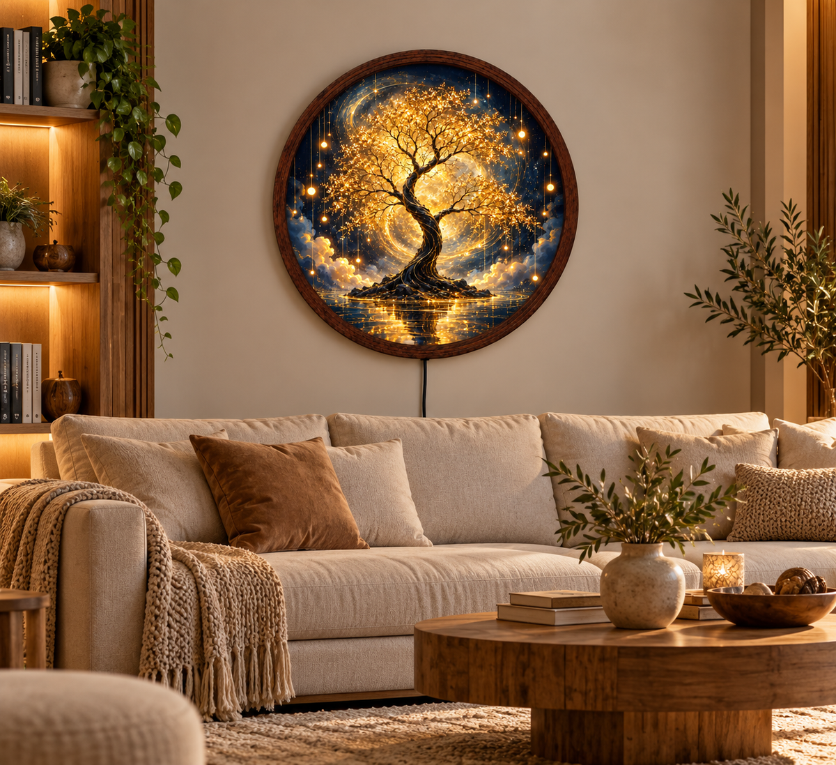 Golden Tree of Life LED Wall Art, Glowing Fantasy Tree Light, Round Illuminated Nature Wall Decor, Magical Bedroom Lamp