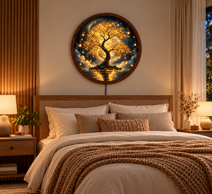 Golden Tree of Life LED Wall Art, Glowing Fantasy Tree Light, Round Illuminated Nature Wall Decor, Magical Bedroom Lamp