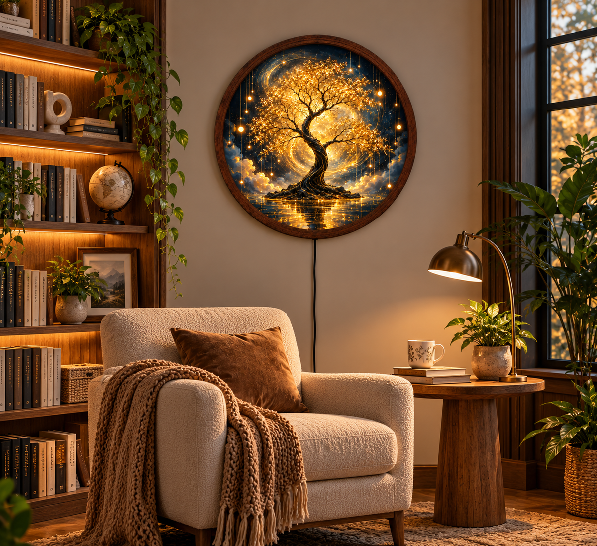 Golden Tree of Life LED Wall Art, Glowing Fantasy Tree Light, Round Illuminated Nature Wall Decor, Magical Bedroom Lamp