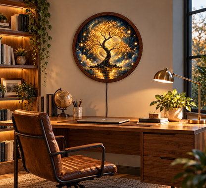 Golden Tree of Life LED Wall Art, Glowing Fantasy Tree Light, Round Illuminated Nature Wall Decor, Magical Bedroom Lamp
