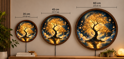 Golden Tree of Life LED Wall Art, Glowing Fantasy Tree Light, Round Illuminated Nature Wall Decor, Magical Bedroom Lamp