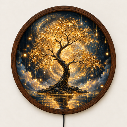 Golden Tree of Life LED Wall Art, Glowing Fantasy Tree Light, Round Illuminated Nature Wall Decor, Magical Bedroom Lamp