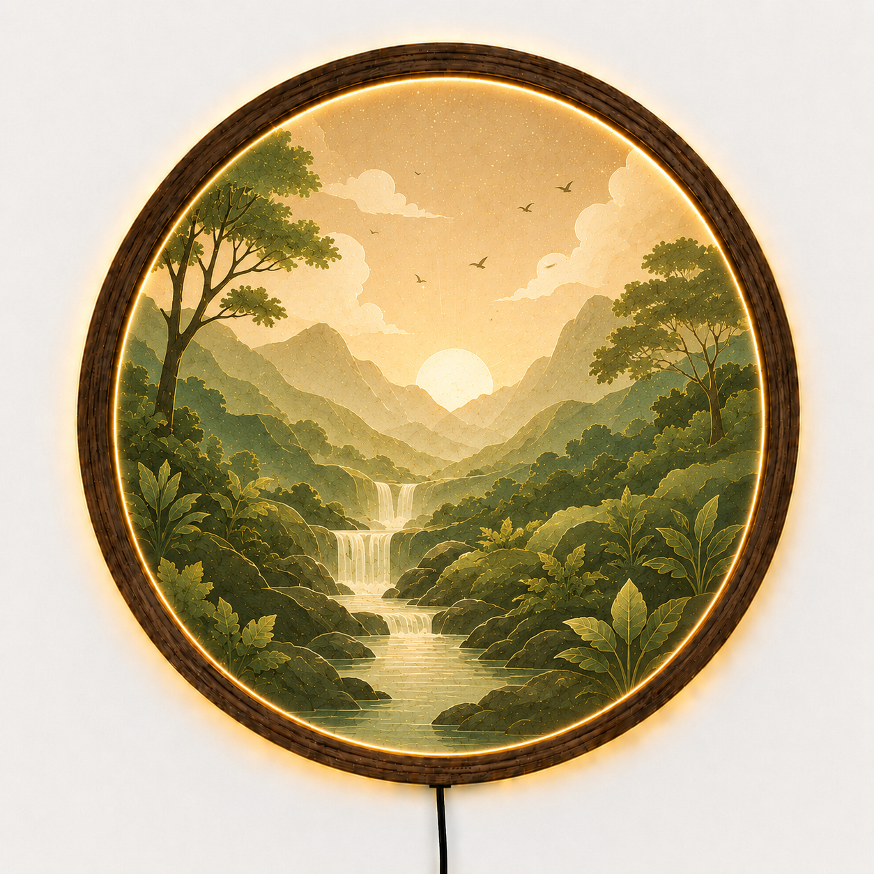 Nature Landscape LED Wall Decor, Round Mountain Waterfall Light