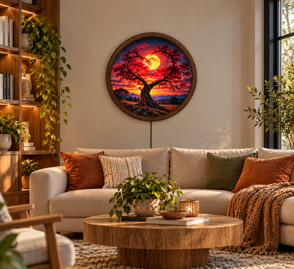 Heart Shaped Tree LED Wall Art, Glowing Full Moon Sunset Light, Round Illuminated Romantic Nature Decor, Bedroom Wall Lamp