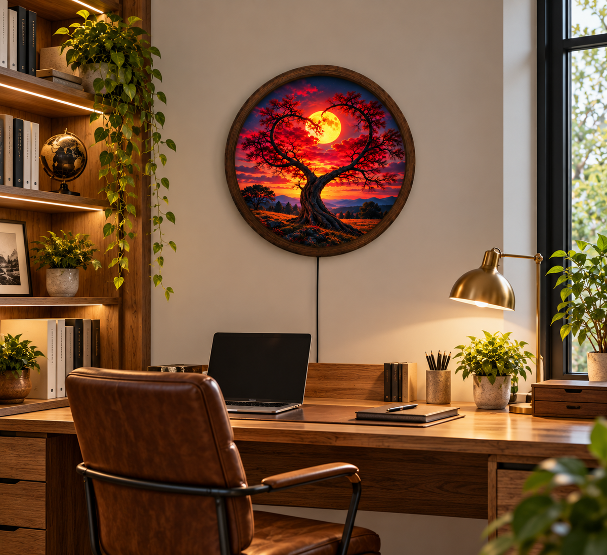 Heart Shaped Tree LED Wall Art, Glowing Full Moon Sunset Light, Round Illuminated Romantic Nature Decor, Bedroom Wall Lamp