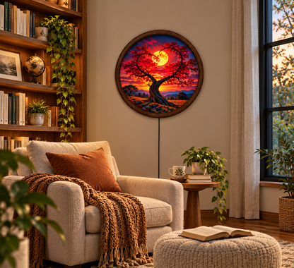Heart Shaped Tree LED Wall Art, Glowing Full Moon Sunset Light, Round Illuminated Romantic Nature Decor, Bedroom Wall Lamp