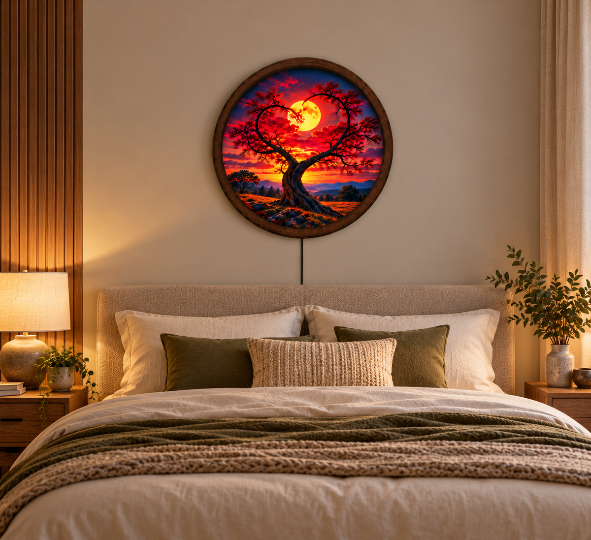 Heart Shaped Tree LED Wall Art, Glowing Full Moon Sunset Light, Round Illuminated Romantic Nature Decor, Bedroom Wall Lamp