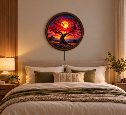 Heart Shaped Tree LED Wall Art, Glowing Full Moon Sunset Light, Round Illuminated Romantic Nature Decor, Bedroom Wall Lamp