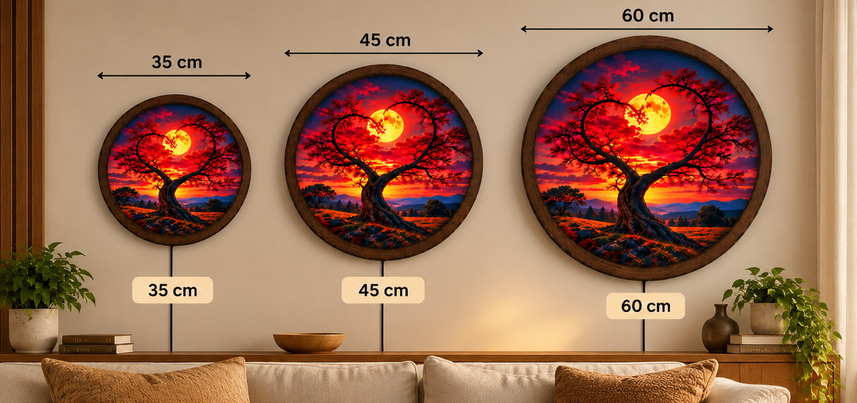 Heart Shaped Tree LED Wall Art, Glowing Full Moon Sunset Light, Round Illuminated Romantic Nature Decor, Bedroom Wall Lamp