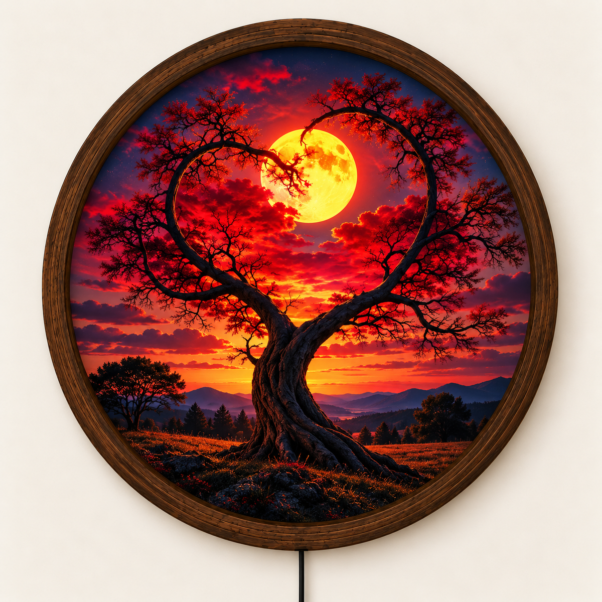 Heart Shaped Tree LED Wall Art, Glowing Full Moon Sunset Light, Round Illuminated Romantic Nature Decor, Bedroom Wall Lamp