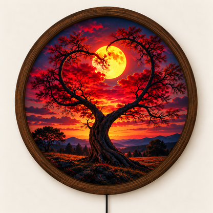 Heart Shaped Tree LED Wall Art, Glowing Full Moon Sunset Light, Round Illuminated Romantic Nature Decor, Bedroom Wall Lamp