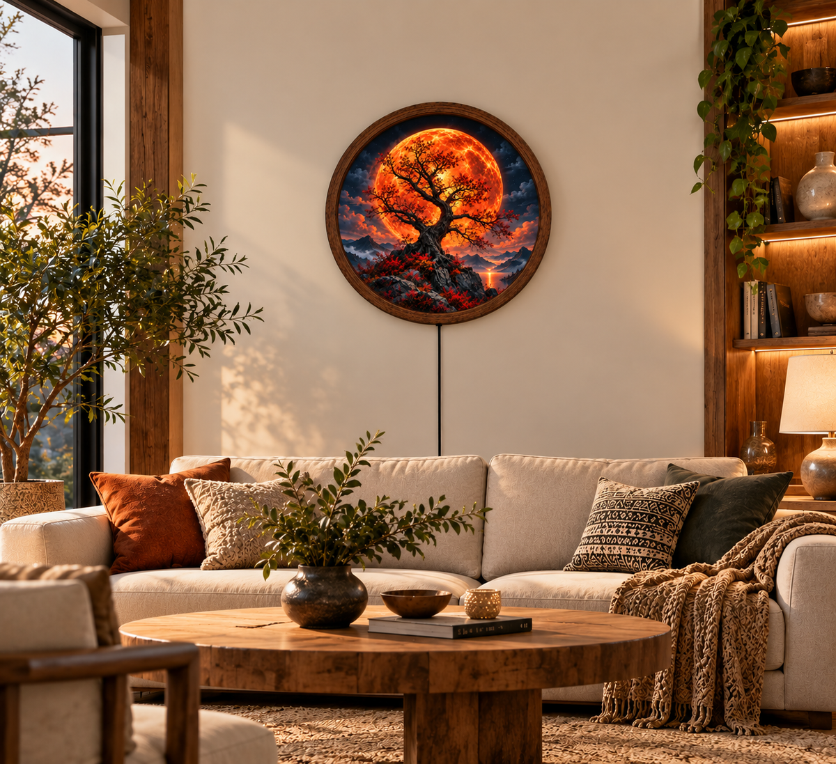 Fiery Red Moon Tree LED Wall Art, Glowing Fantasy Moon Landscape, Round Lighted Wall Decor, Mystical Nature Wall Lamp, Bedroom Living Room Gift
