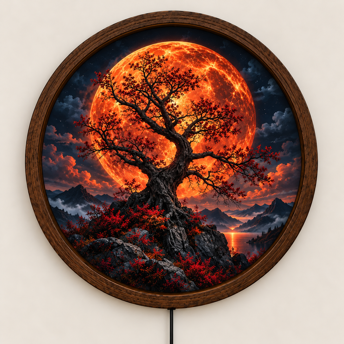 Fiery Red Moon Tree LED Wall Art, Glowing Fantasy Moon Landscape, Round Lighted Wall Decor, Mystical Nature Wall Lamp, Bedroom Living Room Gift