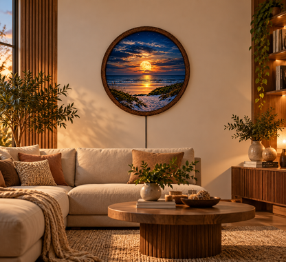 Full Moon Beach LED Wall Art, Glowing Ocean Sunset Landscape, Round Lighted Wall Decor, Coastal Nature Wall Lamp, Bedroom Gift