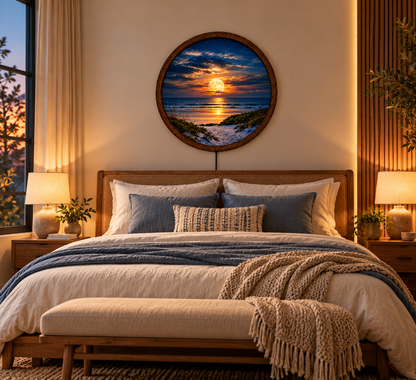 Full Moon Beach LED Wall Art, Glowing Ocean Sunset Landscape, Round Lighted Wall Decor, Coastal Nature Wall Lamp, Bedroom Gift