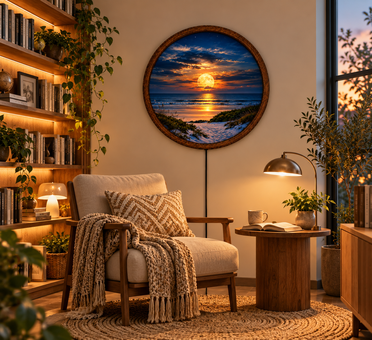 Full Moon Beach LED Wall Art, Glowing Ocean Sunset Landscape, Round Lighted Wall Decor, Coastal Nature Wall Lamp, Bedroom Gift