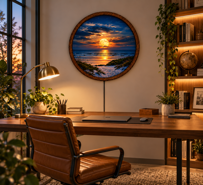 Full Moon Beach LED Wall Art, Glowing Ocean Sunset Landscape, Round Lighted Wall Decor, Coastal Nature Wall Lamp, Bedroom Gift