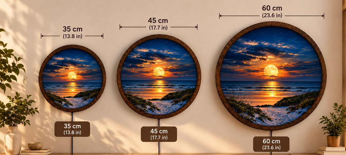 Full Moon Beach LED Wall Art, Glowing Ocean Sunset Landscape, Round Lighted Wall Decor, Coastal Nature Wall Lamp, Bedroom Gift
