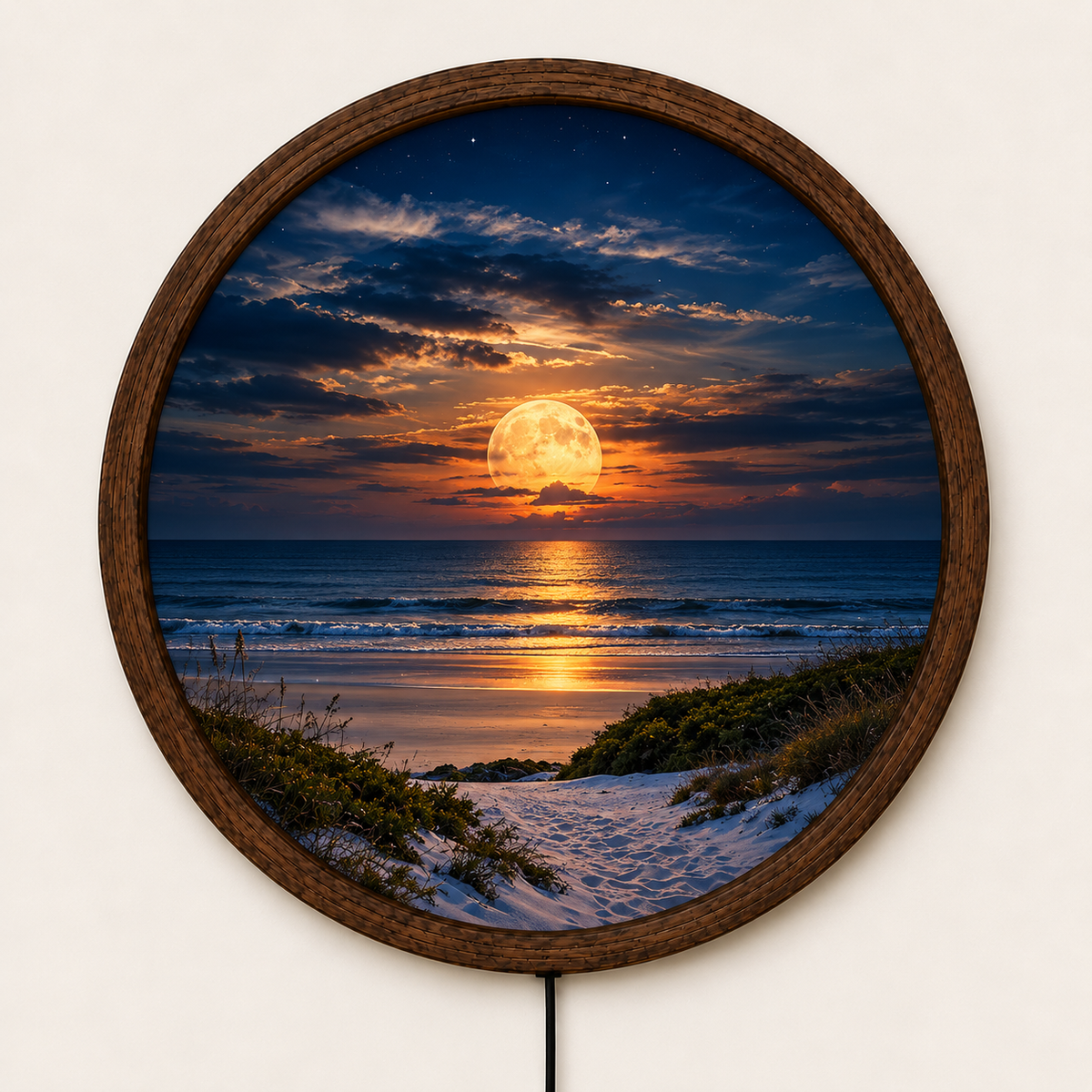 Full Moon Beach LED Wall Art, Glowing Ocean Sunset Landscape, Round Lighted Wall Decor, Coastal Nature Wall Lamp, Bedroom Gift