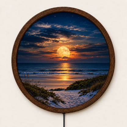 Full Moon Beach LED Wall Art, Glowing Ocean Sunset Landscape, Round Lighted Wall Decor, Coastal Nature Wall Lamp, Bedroom Gift